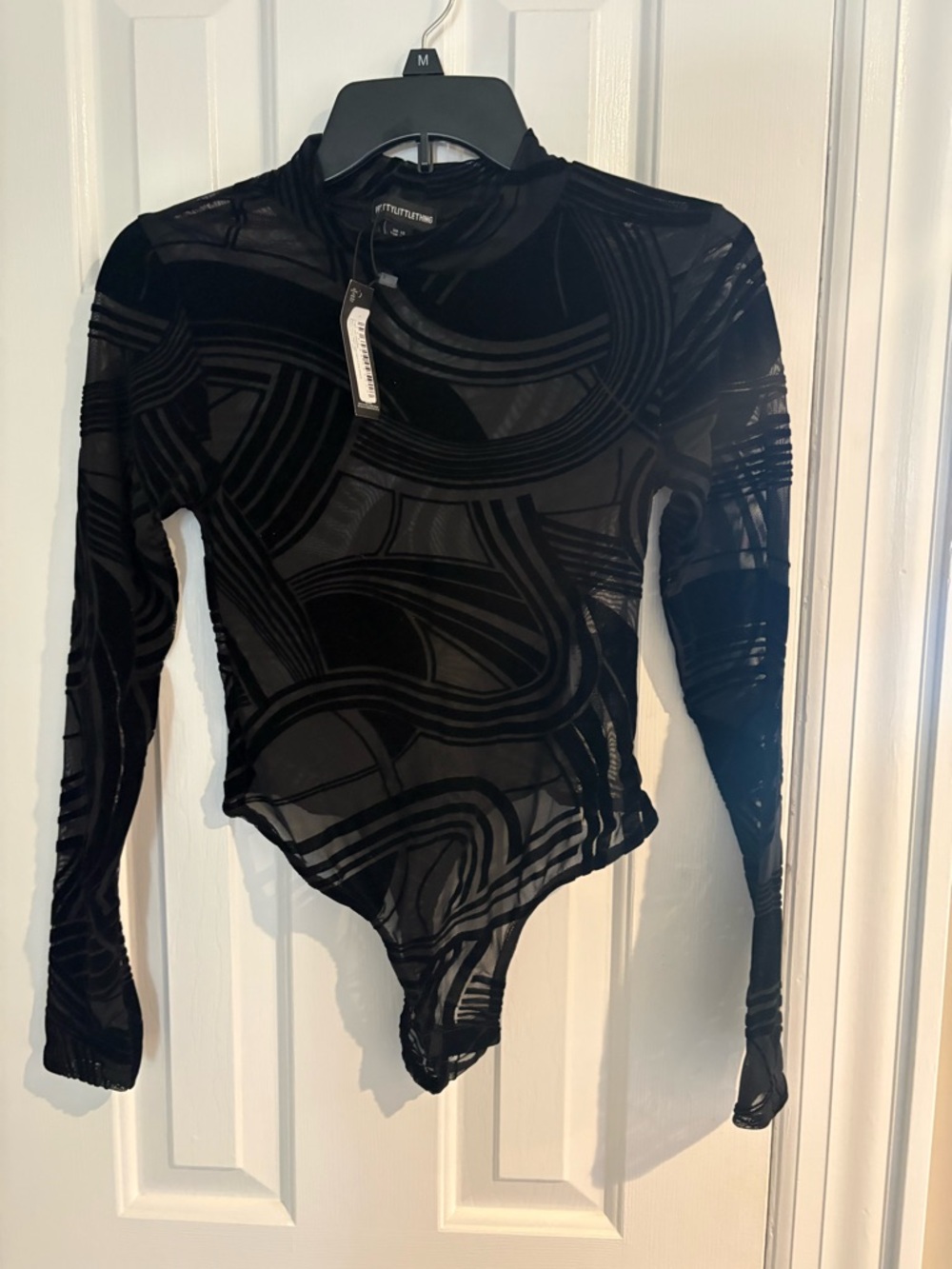 PrettyLittleThing, black mesh, high neck, long sleeve bodysuit  Size 6 NWT